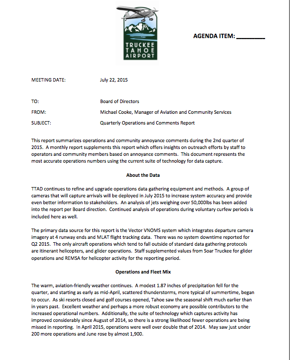 Truckee Airport  April-June 2015 Plane Noise Report P. 1